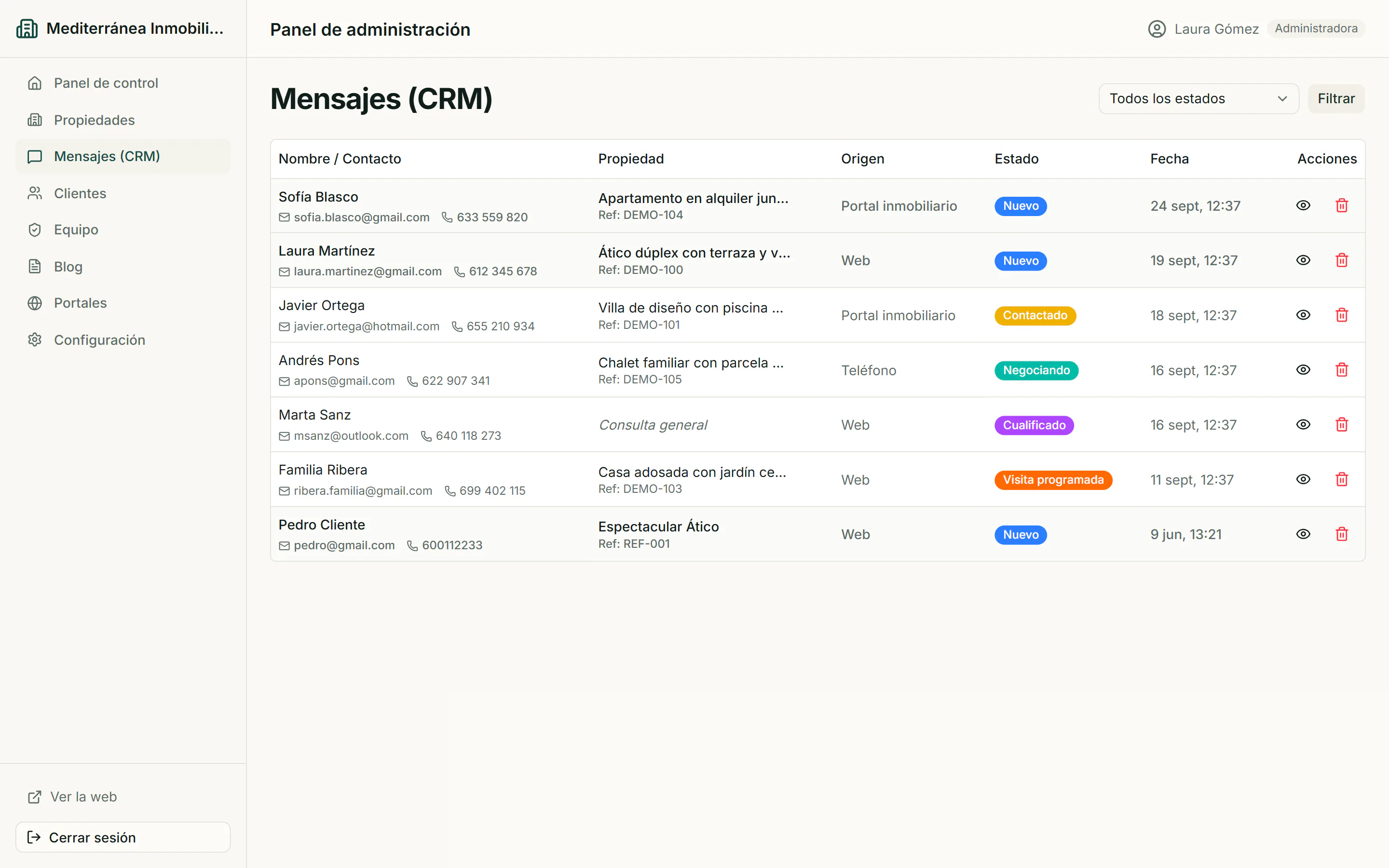Bandeja CRM de contactos inmobiliarios con propiedad, origen, estado y fecha