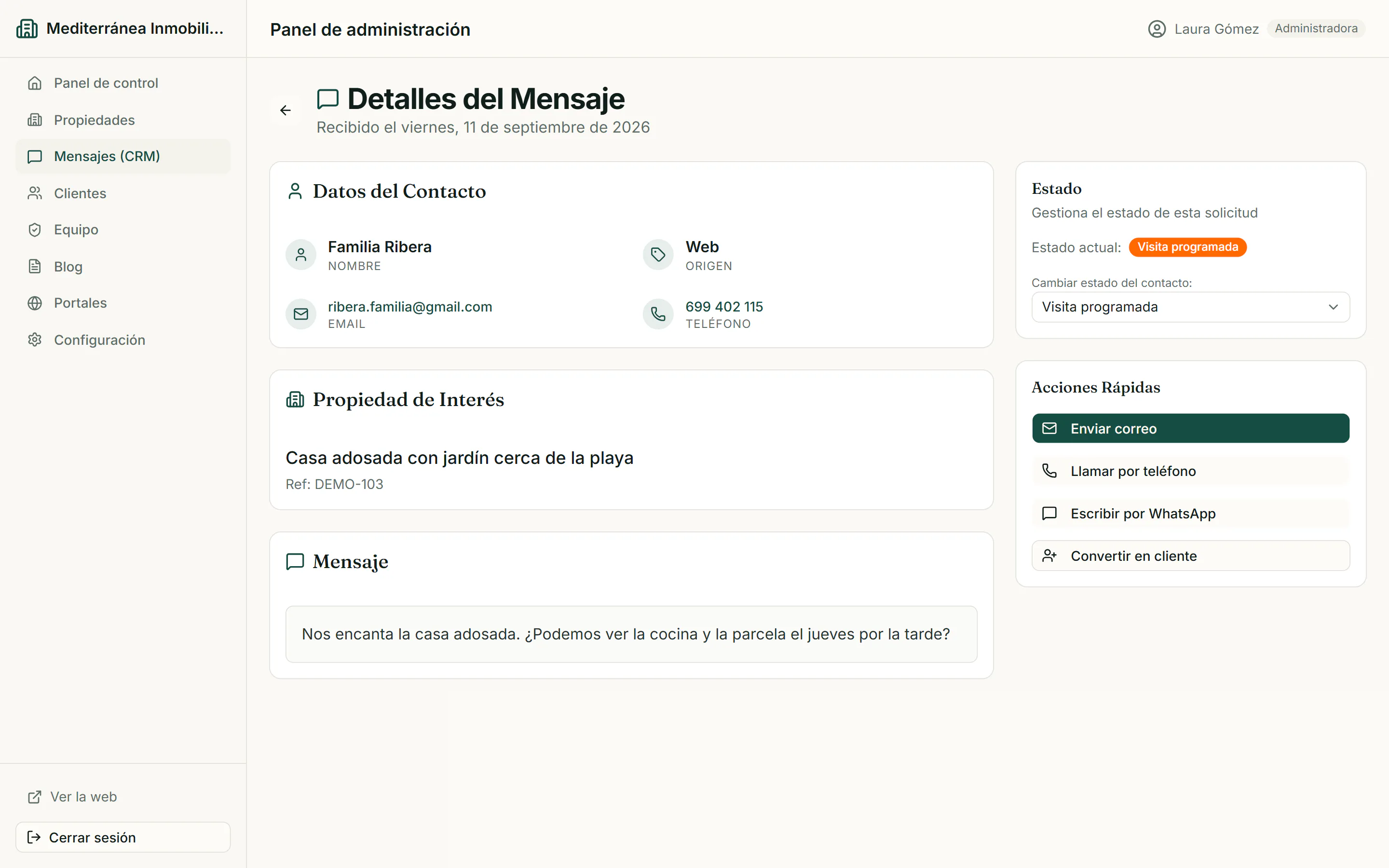 Detalle de mensaje inmobiliario con datos del contacto, propiedad de interés y acciones rápidas