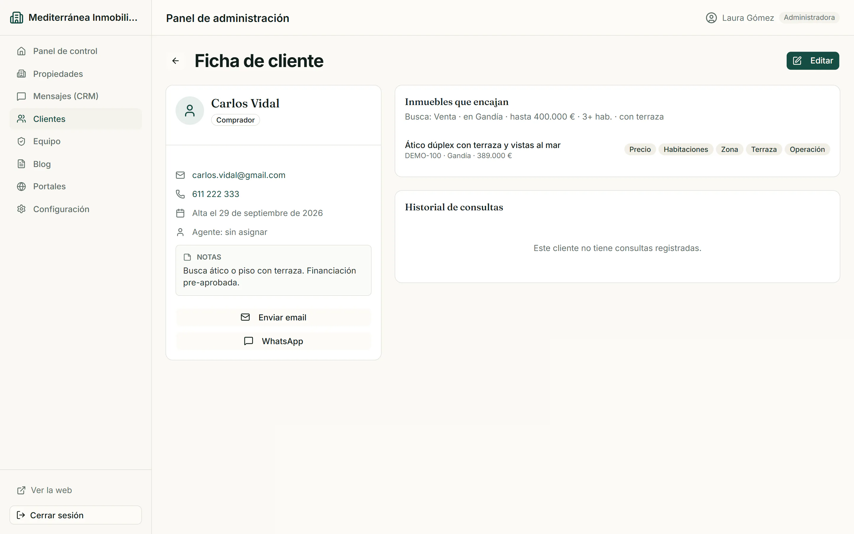 Ficha de cliente inmobiliario con preferencias de búsqueda y propiedades que encajan