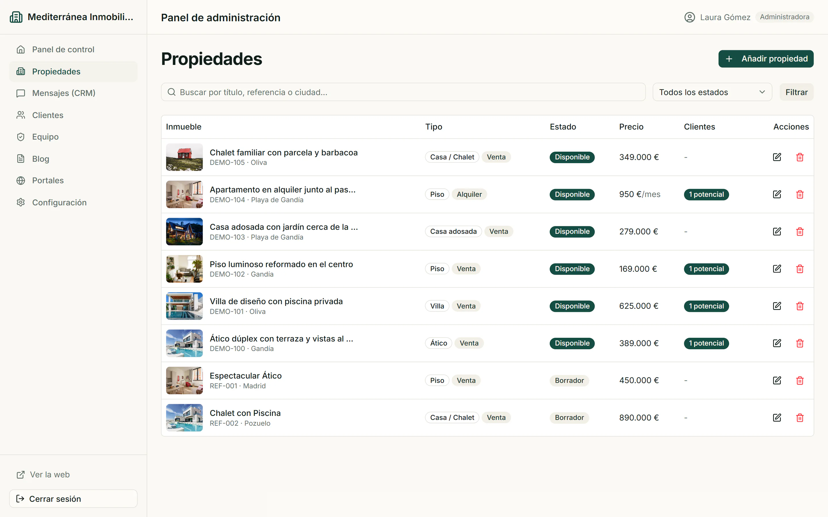 Gestión de inmuebles con filtros, estado, precio y clientes potenciales