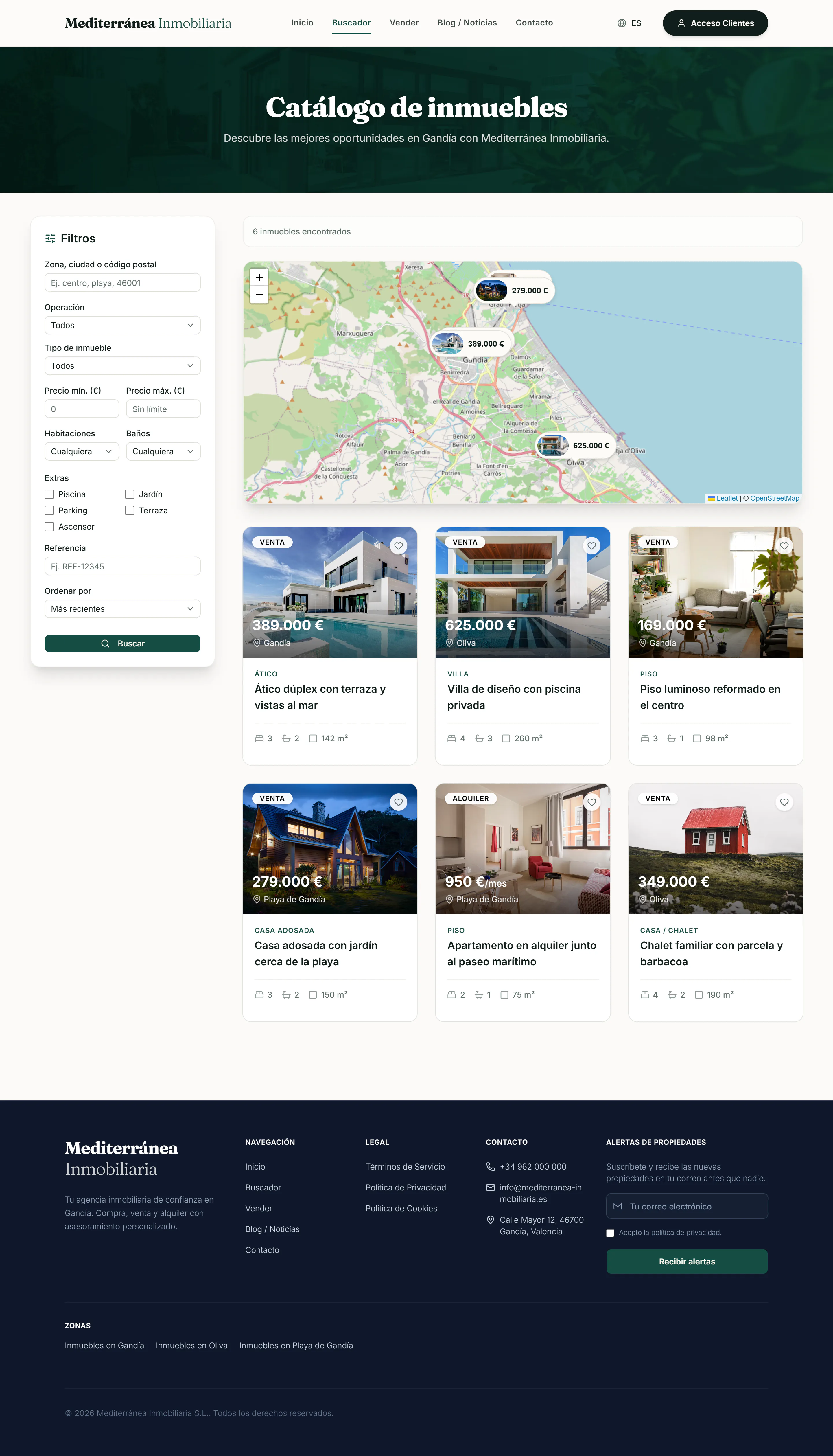 Buscador público de inmuebles con filtros, mapa y tarjetas de propiedades