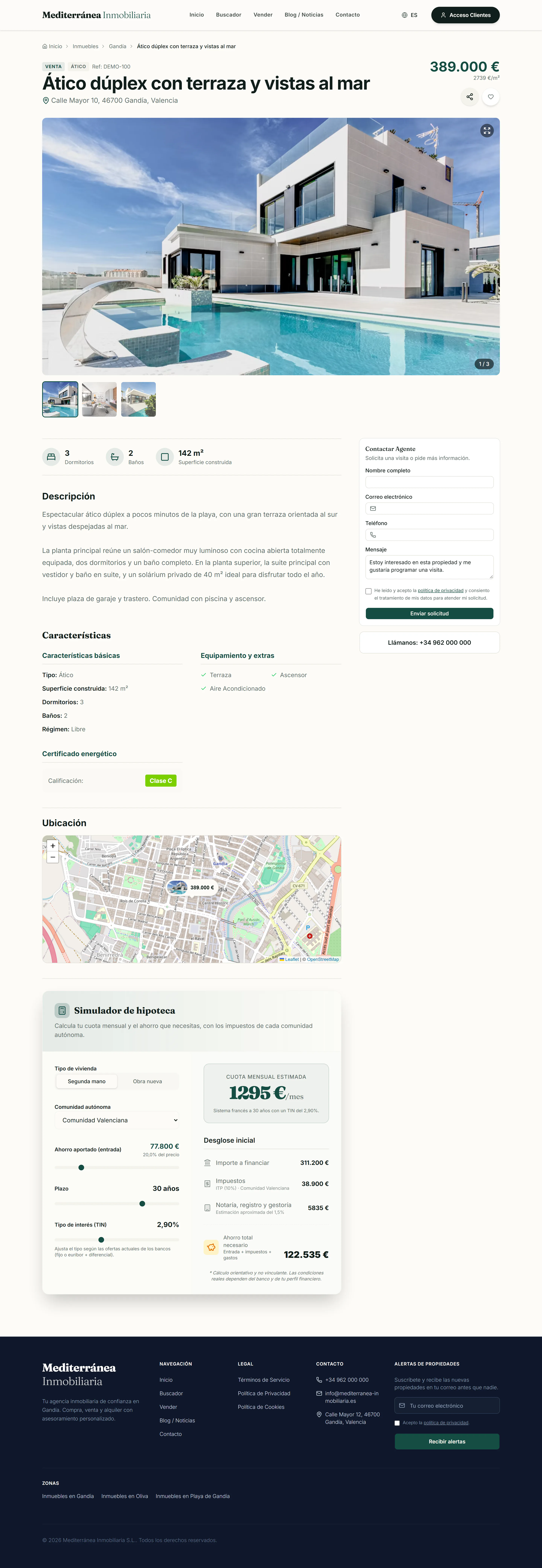 Ficha pública de inmueble con galería, precio, características, mapa y simulador hipotecario
