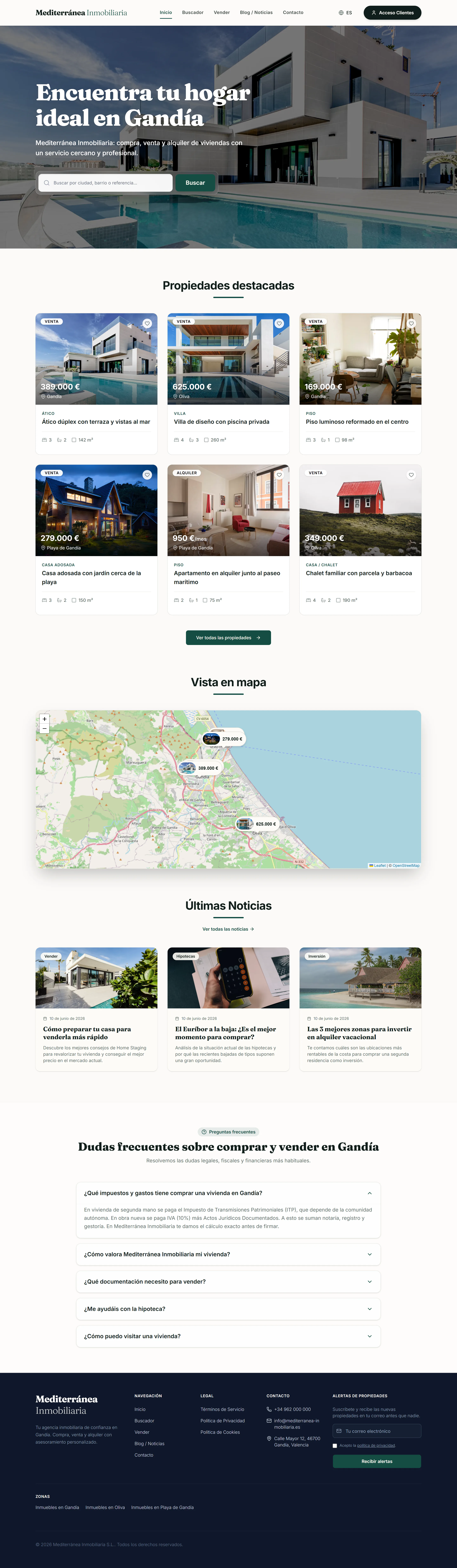 Portada pública de inmobiliaria con buscador, propiedades destacadas, mapa, noticias y preguntas frecuentes