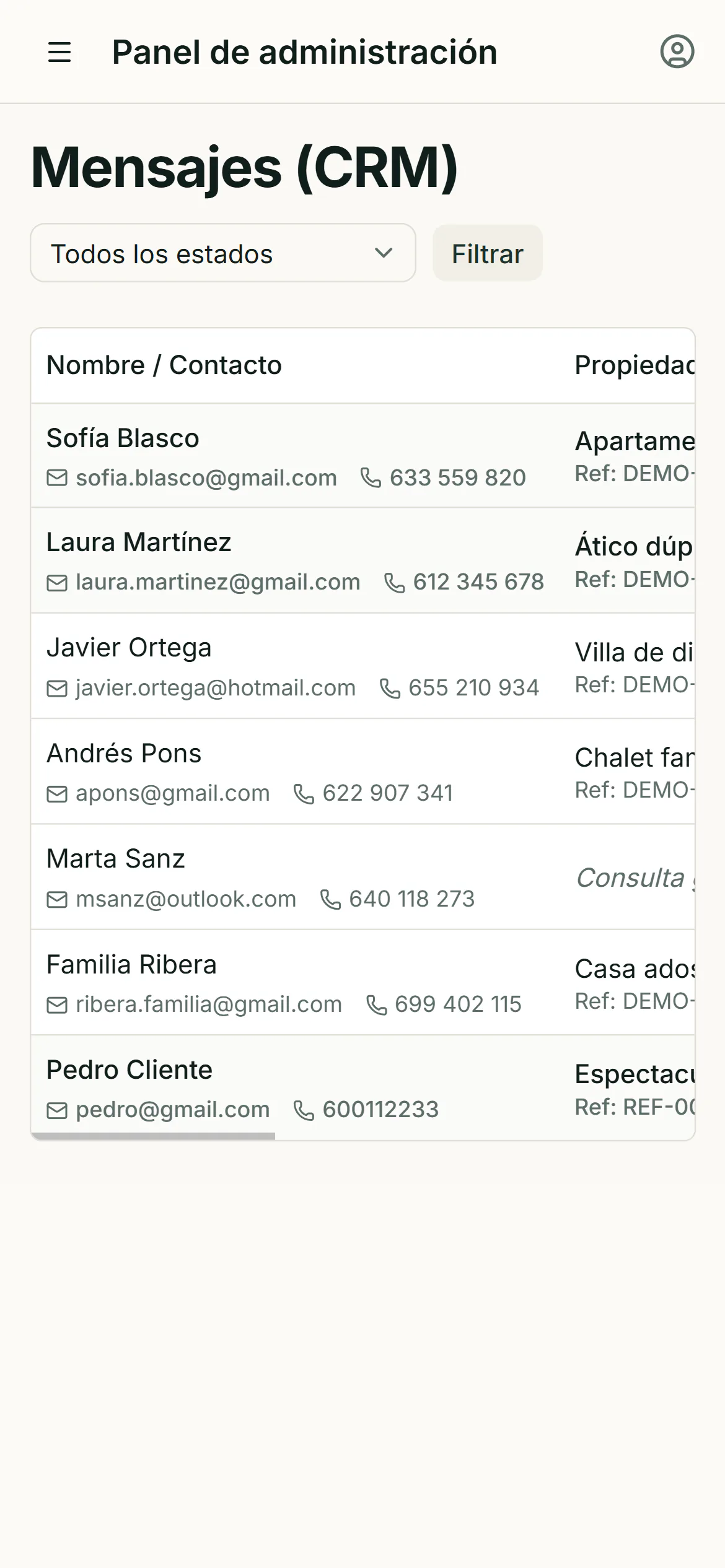Bandeja CRM inmobiliaria responsive en móvil