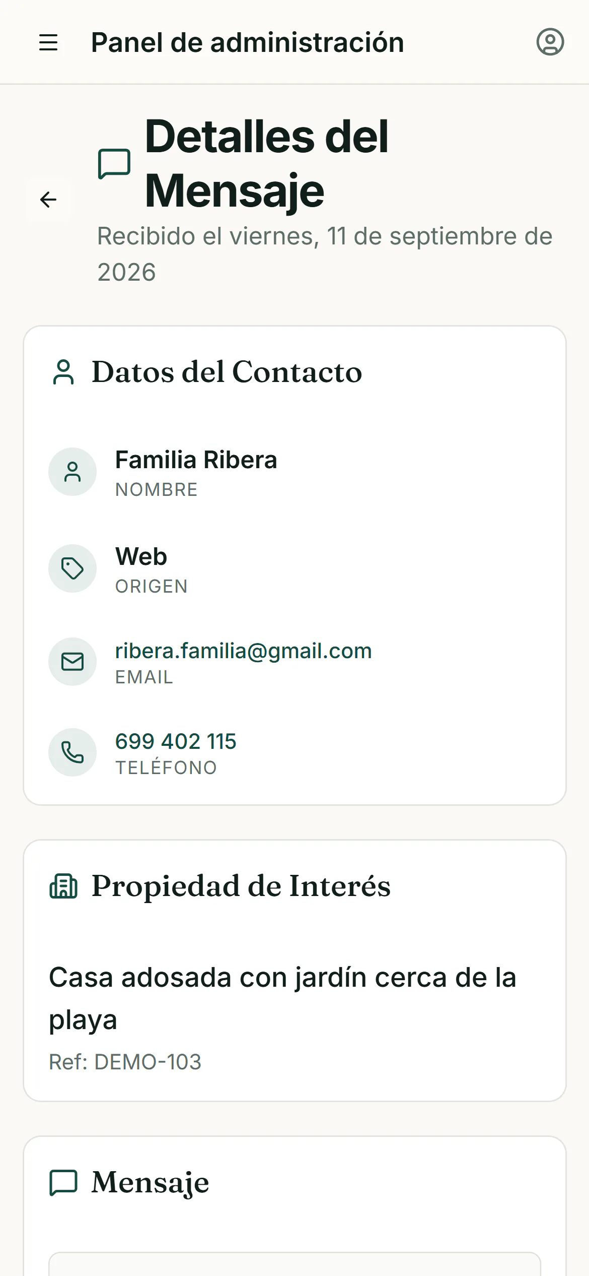 Detalle de contacto CRM inmobiliario responsive en móvil