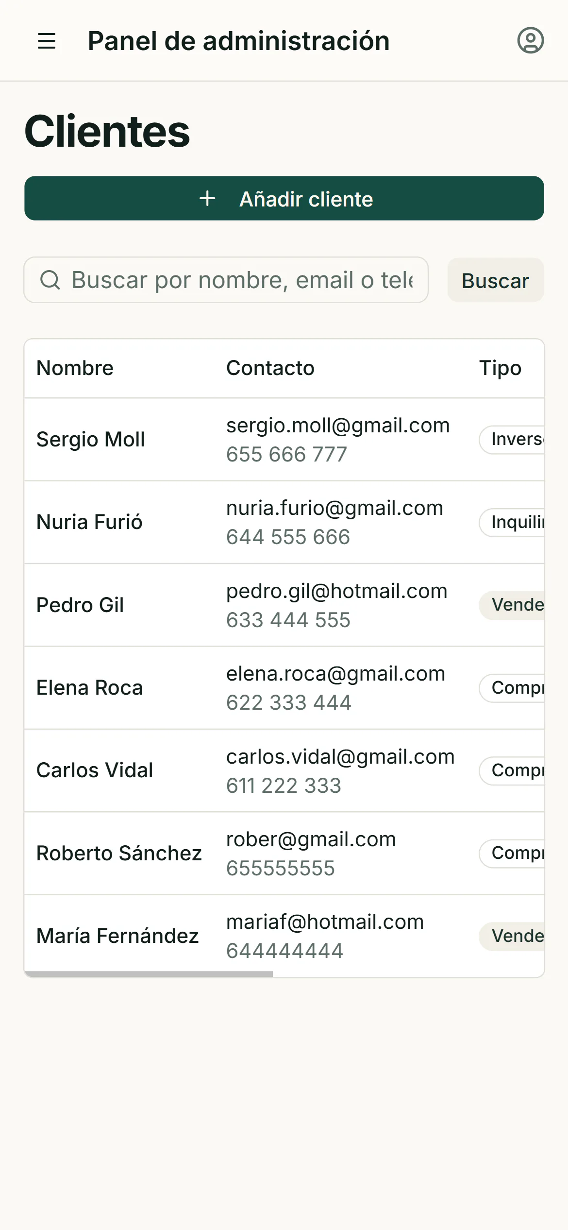 Listado de clientes inmobiliarios responsive en móvil