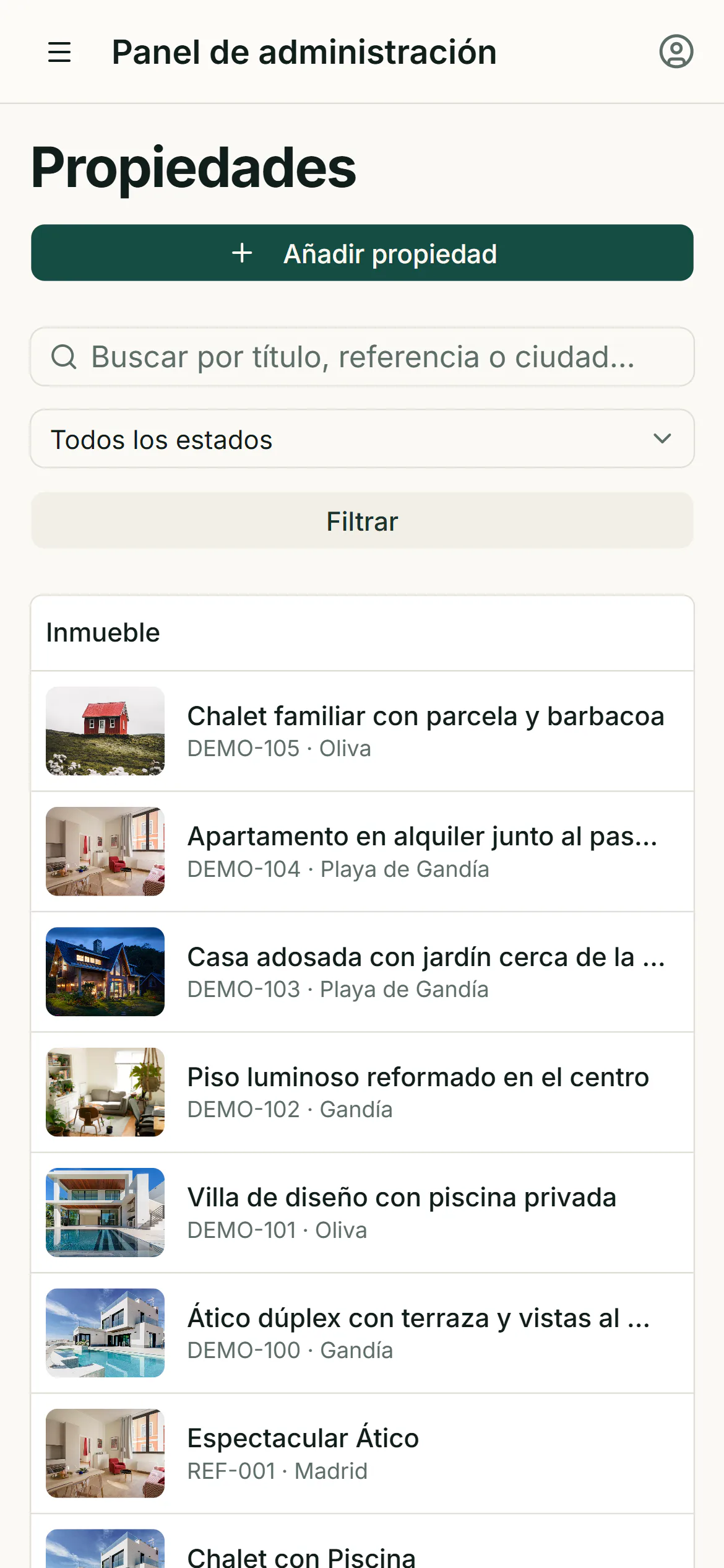 Gestión de inmuebles inmobiliarios responsive en móvil